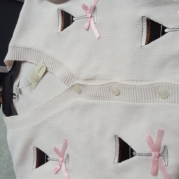 NWT, Francesca's CHOCOLATE MARTINI Cream Cardigan with Pink Bows, SIZE L - Picture 8 of 8